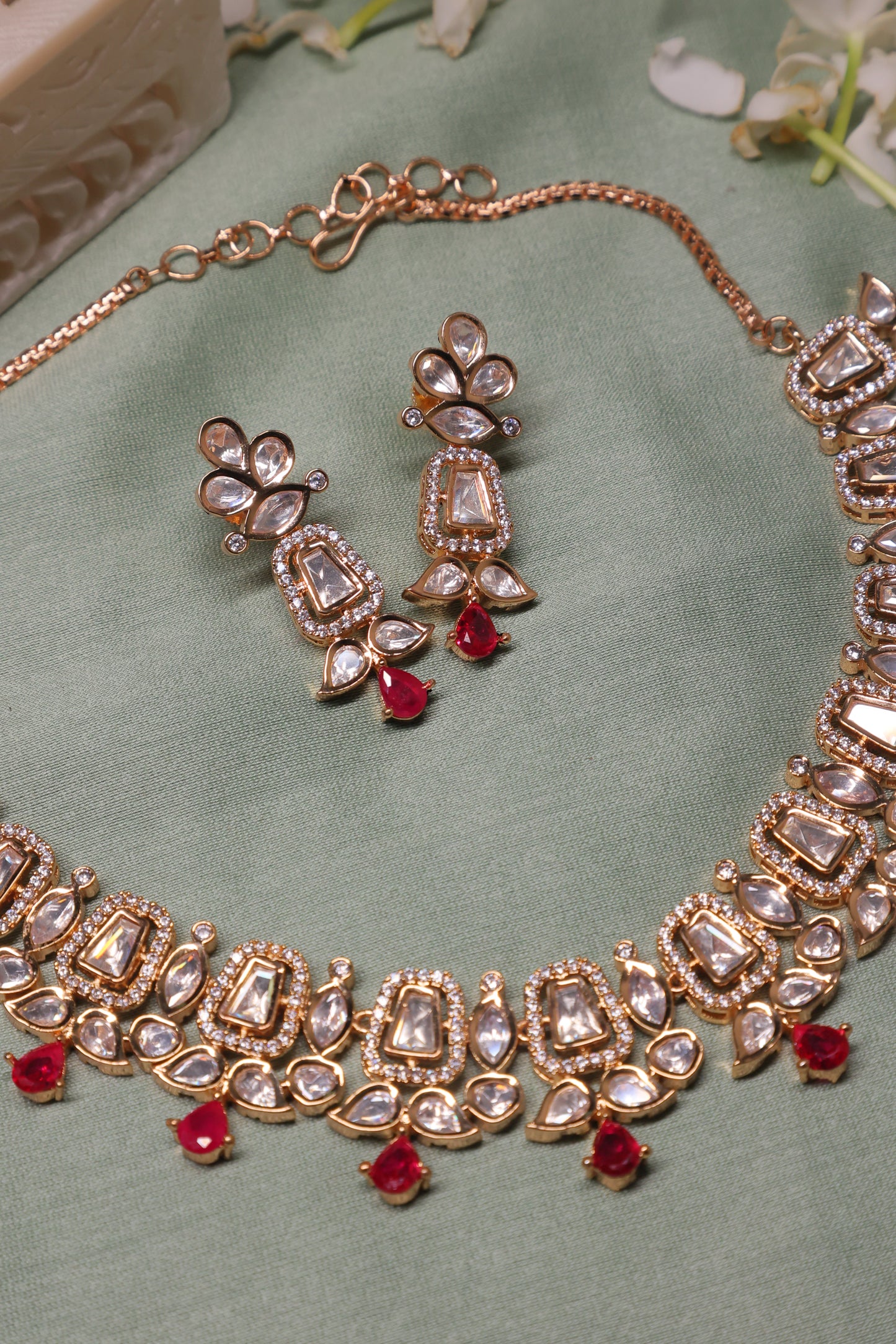 Noor - Polki & Red Stones Necklace with Earrings