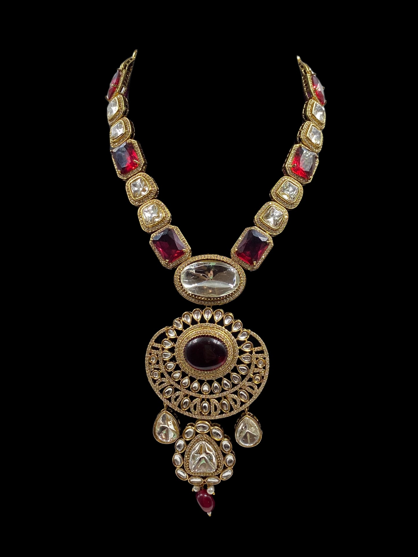Rajputana - Traditional Red Long Polki Ensemble With Earrings