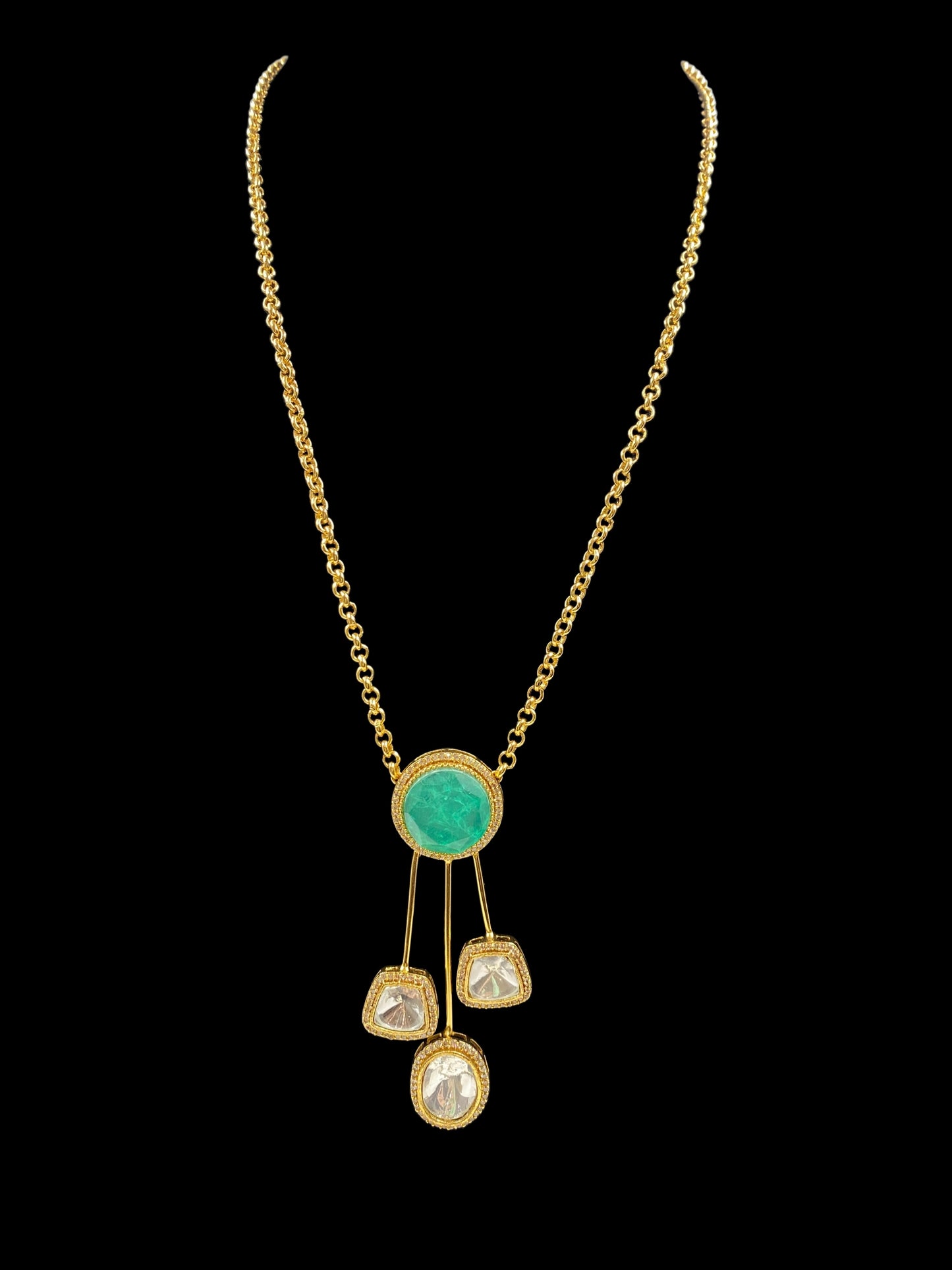 Swarna - Mint Green Stone Chain Pendant Set with Earrings