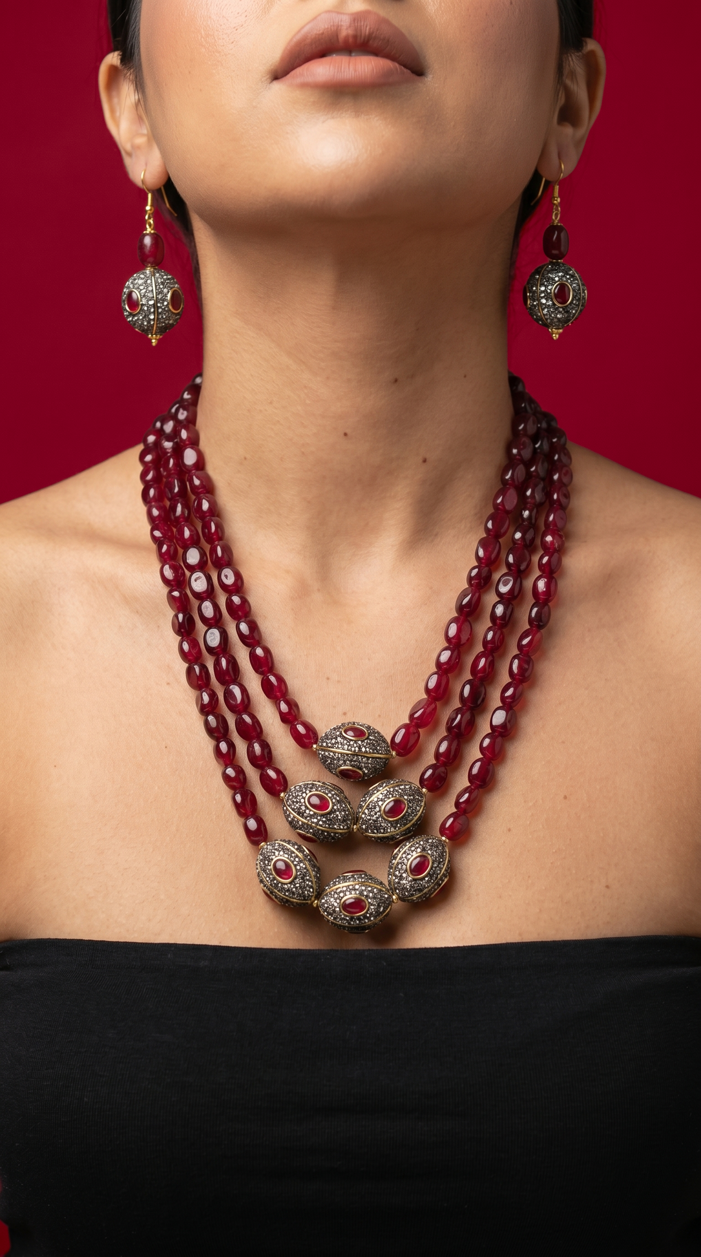TRIPLE LINE RED QUARTZ & CRYTAL BALLS LONG NECKLACE WITH EARRINGS