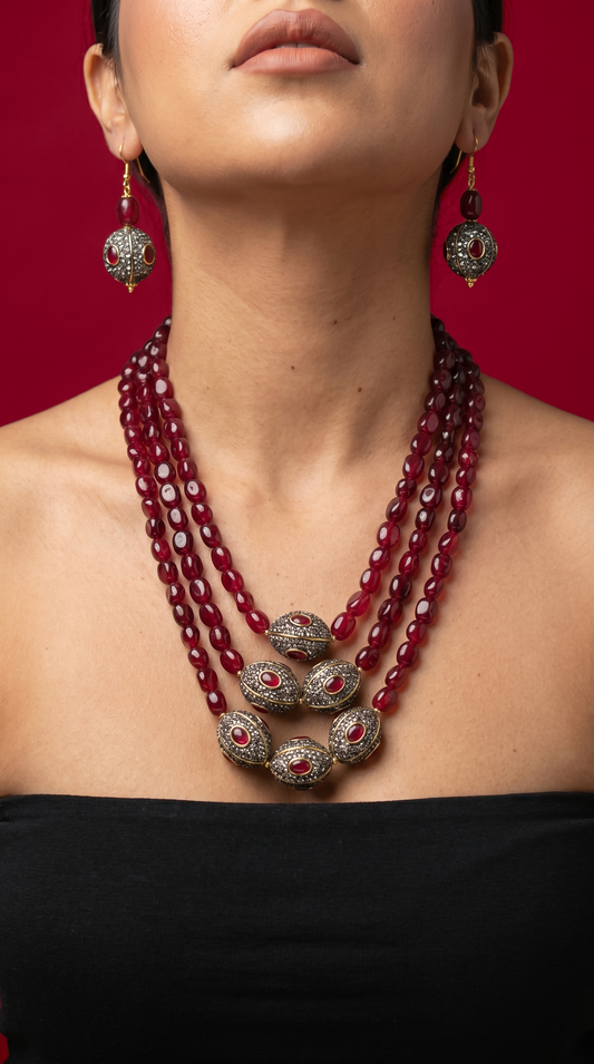 TRIPLE LINE RED QUARTZ & CRYTAL BALLS LONG NECKLACE WITH EARRINGS