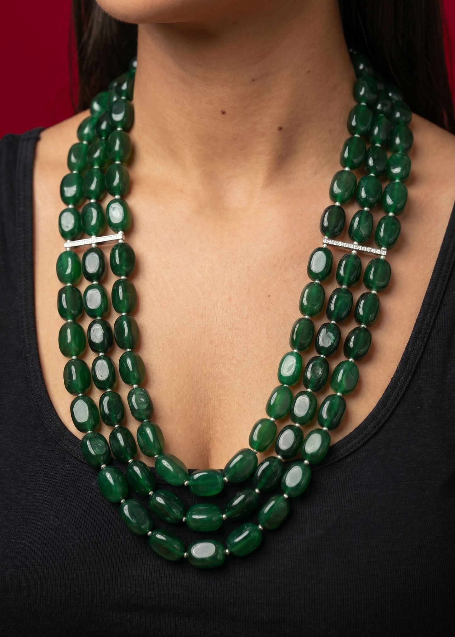 GREEN QUARTS TRHEE LINE LONG NECKLACE