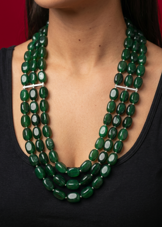 GREEN QUARTS TRHEE LINE LONG NECKLACE