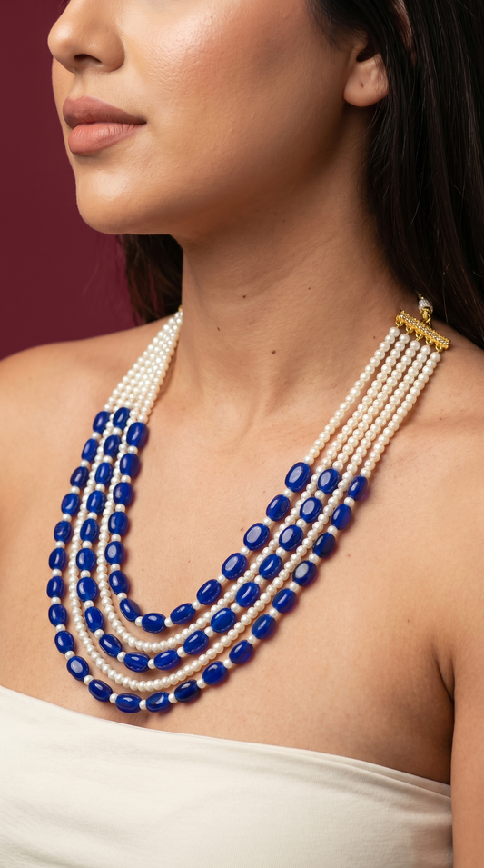 BLUE QUARTZ AND WHITE SHELL PEARL LONG NECKLACE