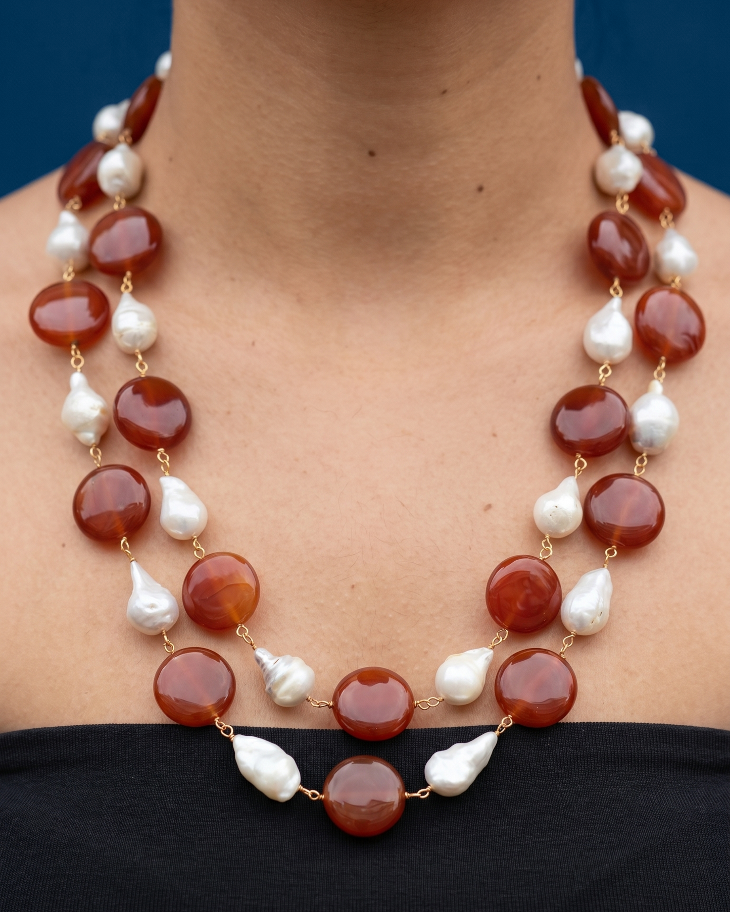 DOUBLE LINE FRESHWATER PEARL AND COIN BEADS WESTERN NECKLACE