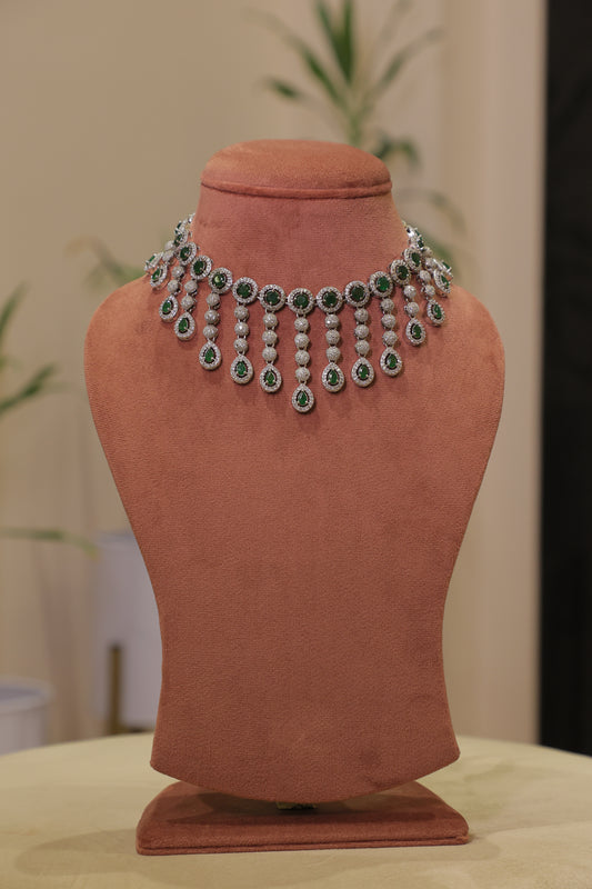 Glam Diamond and Emerald Necklace and Earrings Set