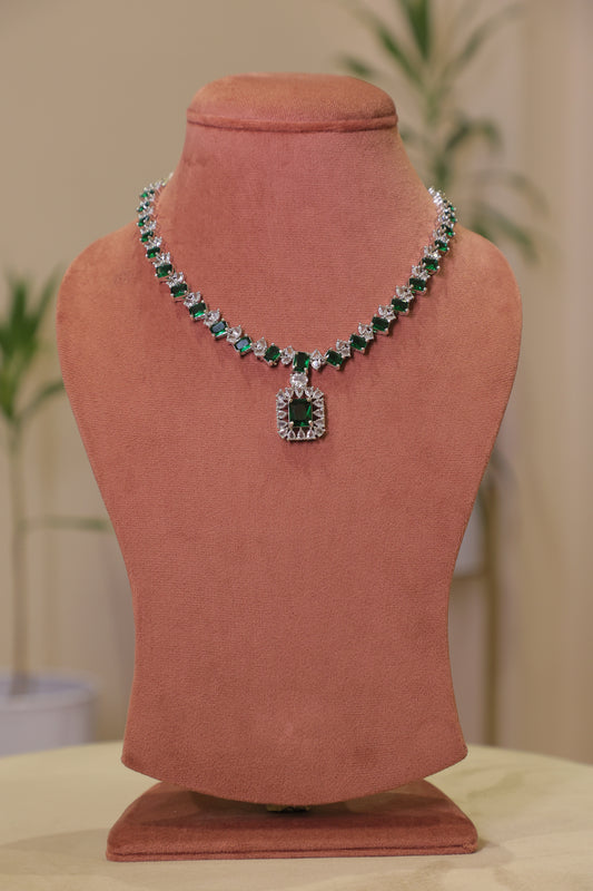 Emerald and Diamond Single Line Necklace Set with Earrings