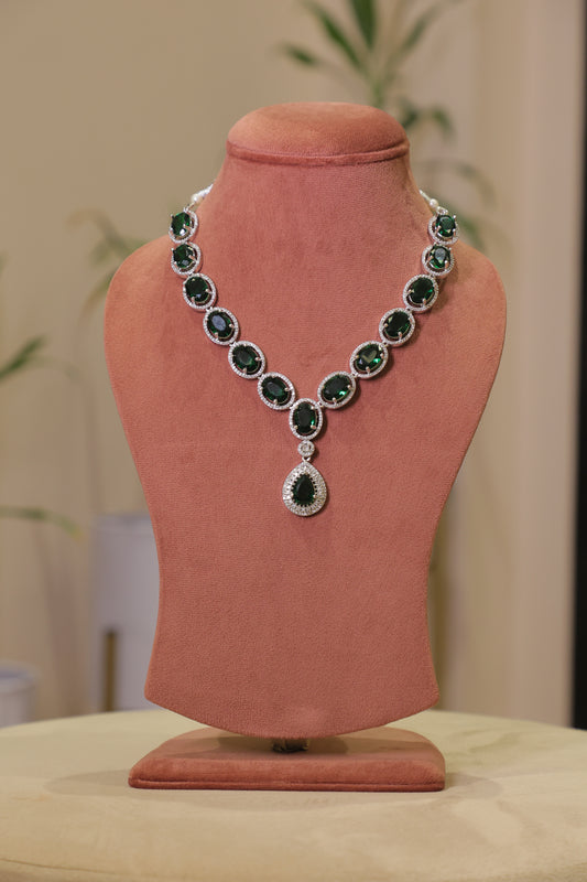 Glam Green Emerald and Diamond Single Line Necklace Set with Earrings