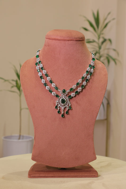 Glam Double Line Emerald Green and Diamond Necklace Set with Earrings