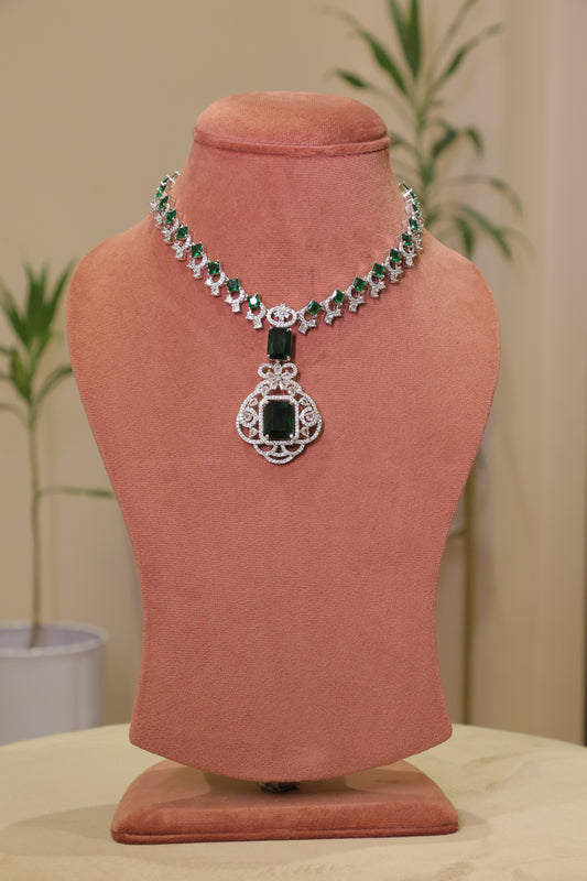 Glam Emerald Green and Diamond Necklace Set with Earrings