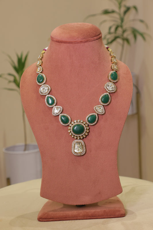 Aarohi - Green Long Polki Necklace with Earrings