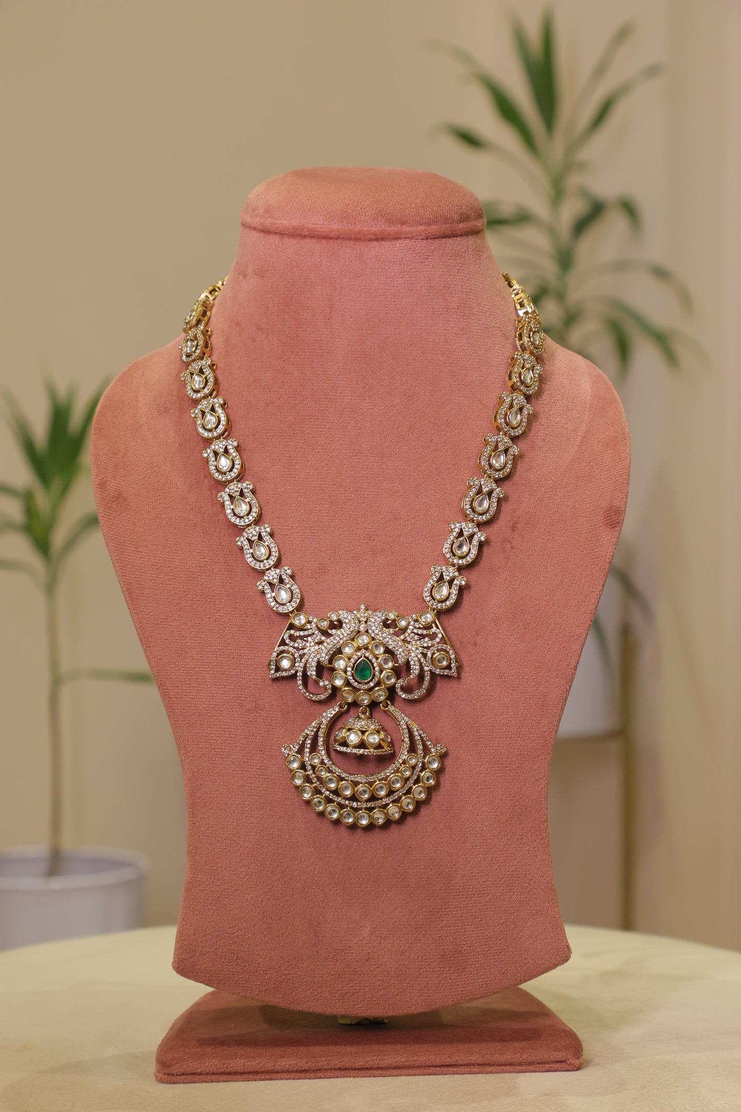 Aarohi - Long Polki Single Line Necklace with Earrings