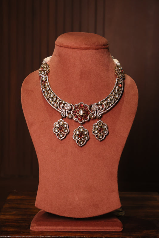 Aarohi - Ruby Red Polki Necklace with Earrings