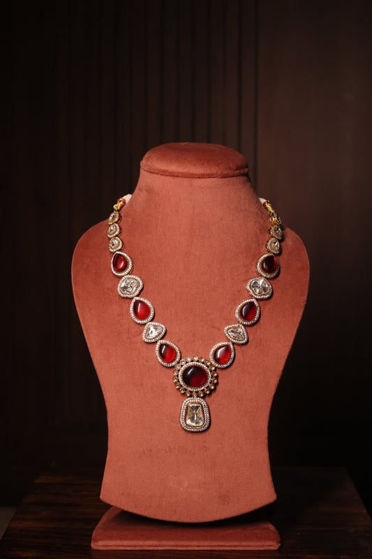 Aarohi - Red Long Polki Necklace with Earrings