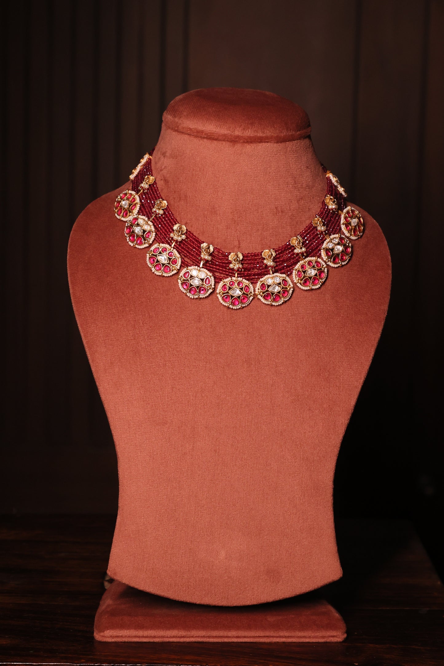 Aarohi - Traditional Red Polki and Gold Necklace with Earrings