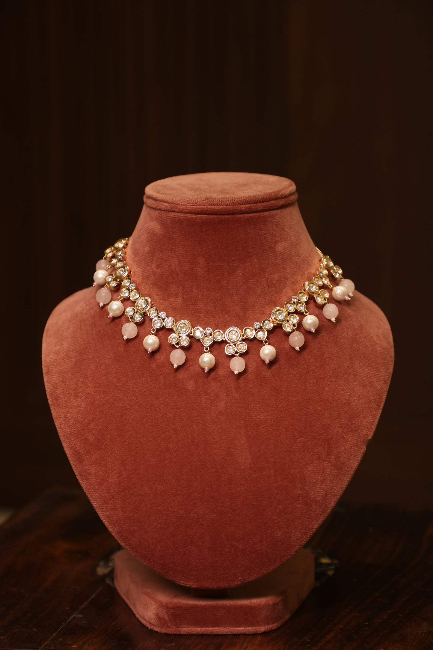 Noor - Pink Quartz and Polki Necklace Set with Earrings