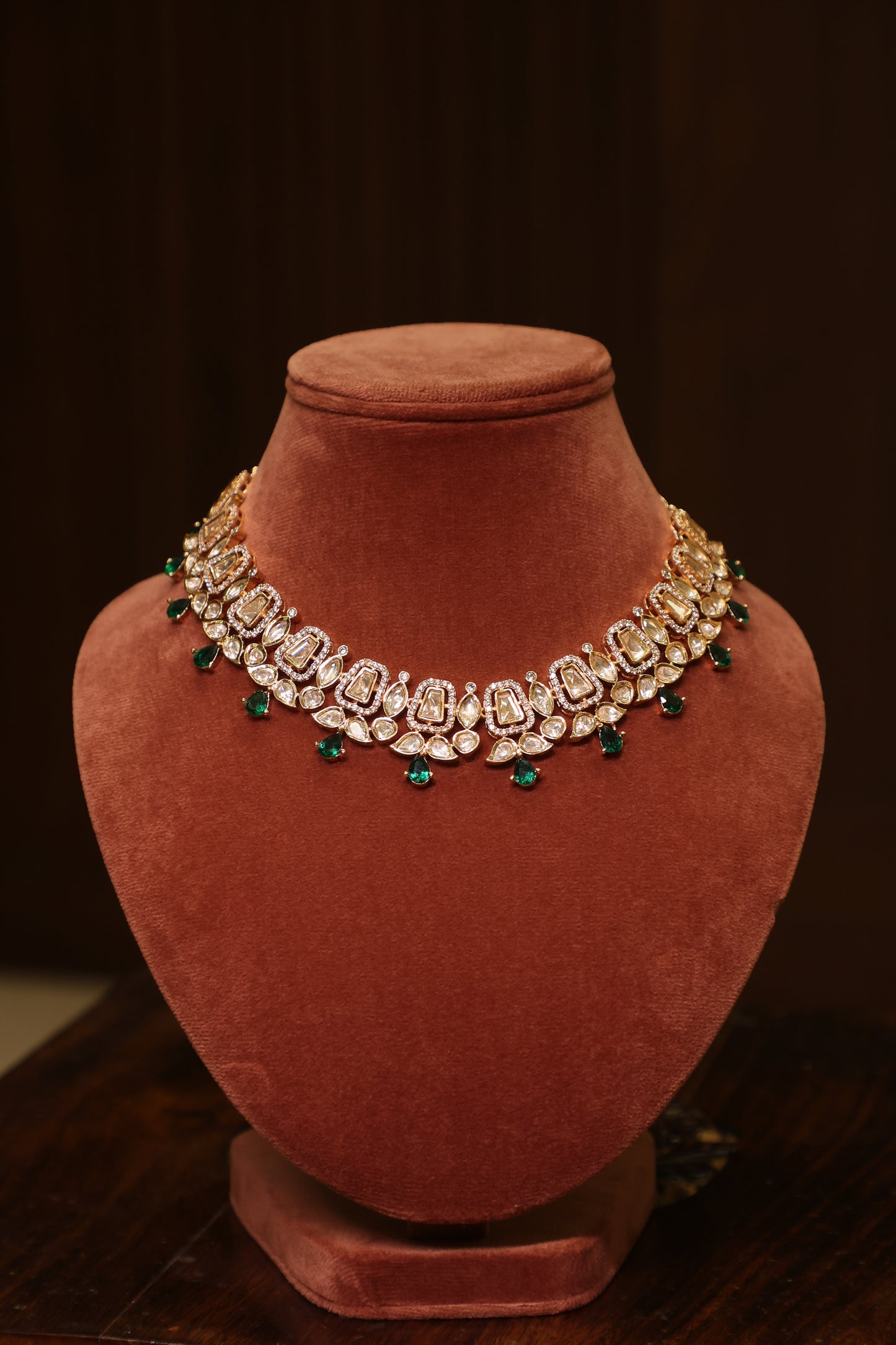 Noor - Polki and Green Stones Necklace Set with Earrings