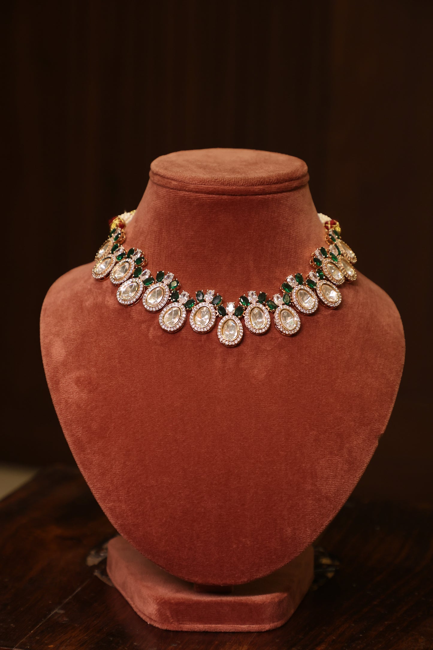 Noor - Polki, Green Stones and Artifical Diamond Necklace with Earrings