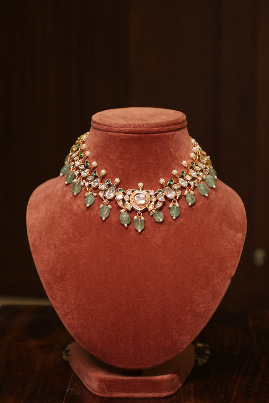 Noor - Polki & Green Stones Necklace Set with Earrings