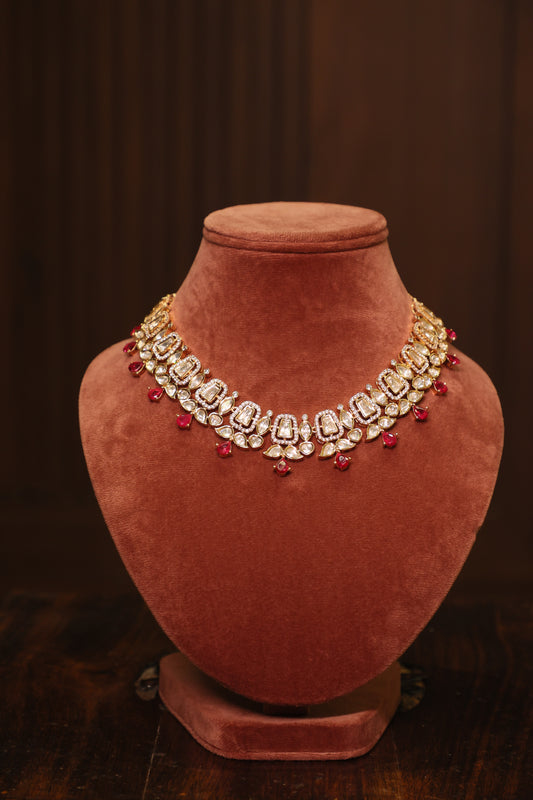 Noor - Polki & Red Stones Necklace with Earrings