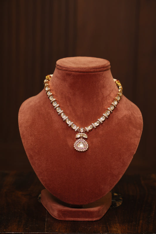 Noor - Pendant with Single Line Polki Necklace with Earrings