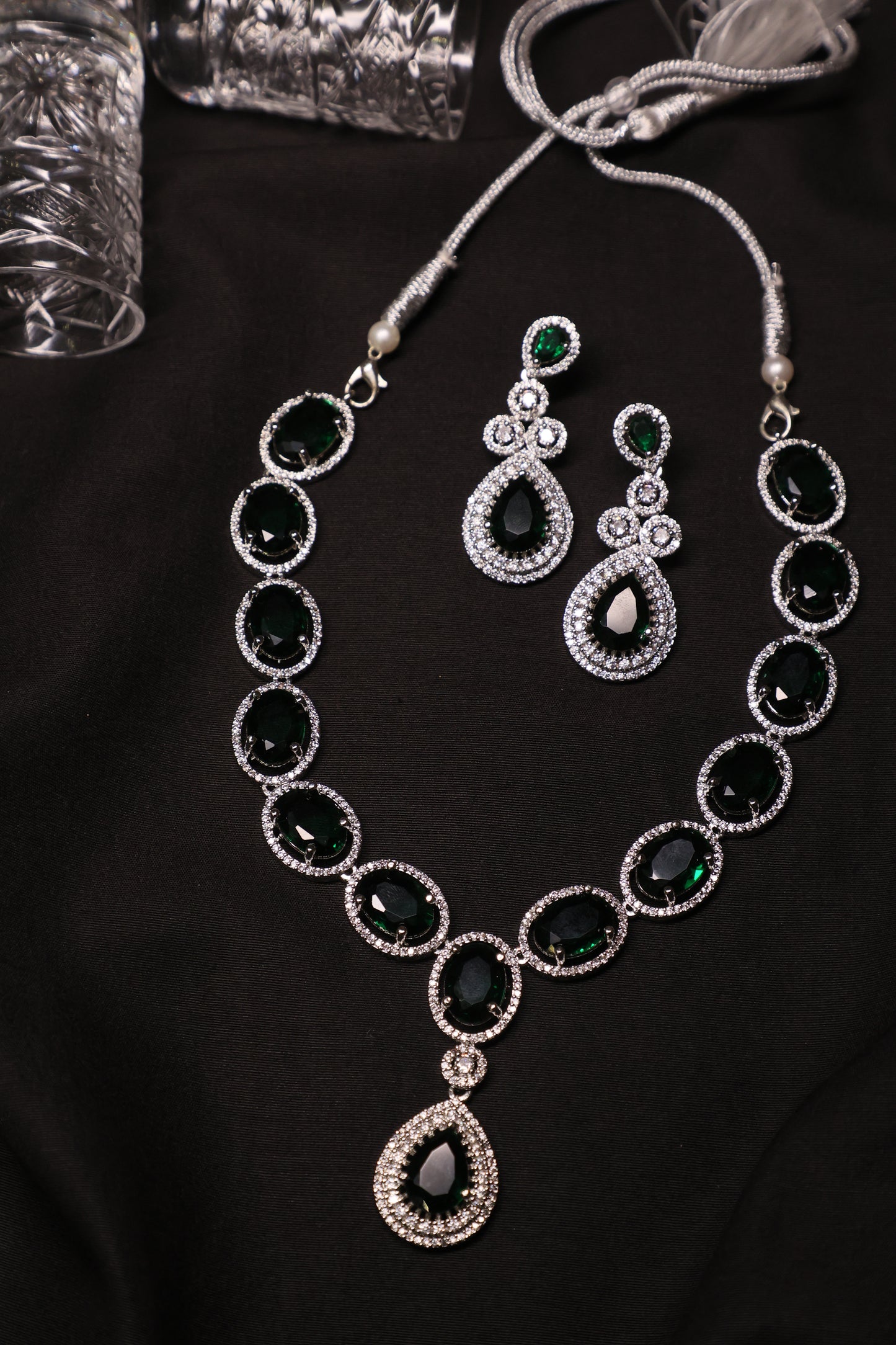 Glam Green Emerald and Diamond Single Line Necklace Set with Earrings