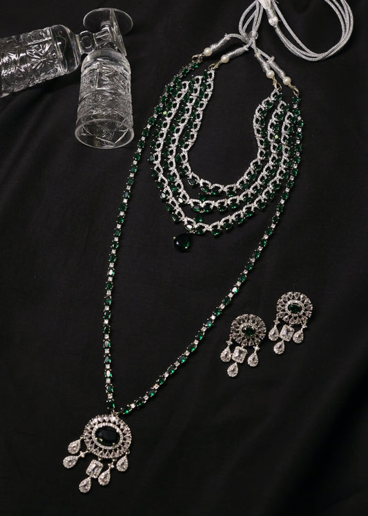 Glam Bridal Emerald Green and Diamond Necklace Set with Earrings