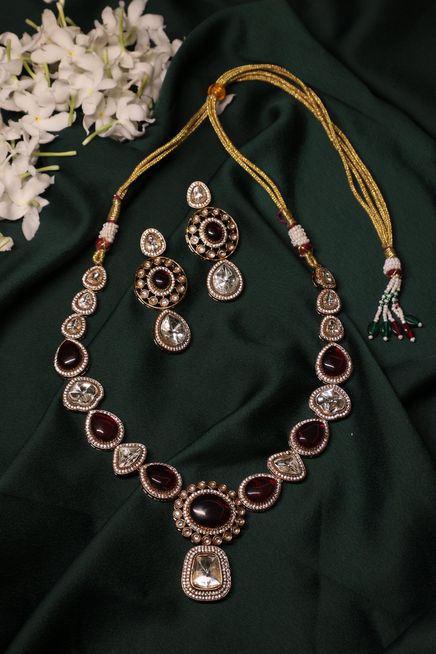 Aarohi - Red Long Polki Necklace with Earrings