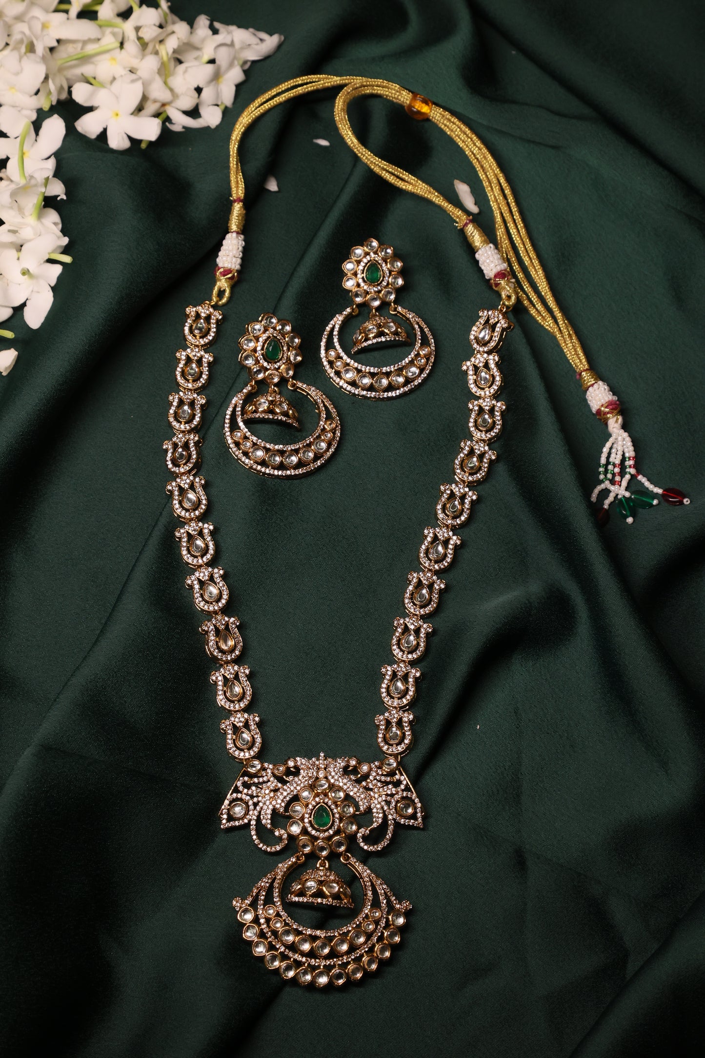 Aarohi - Long Polki Single Line Necklace with Earrings