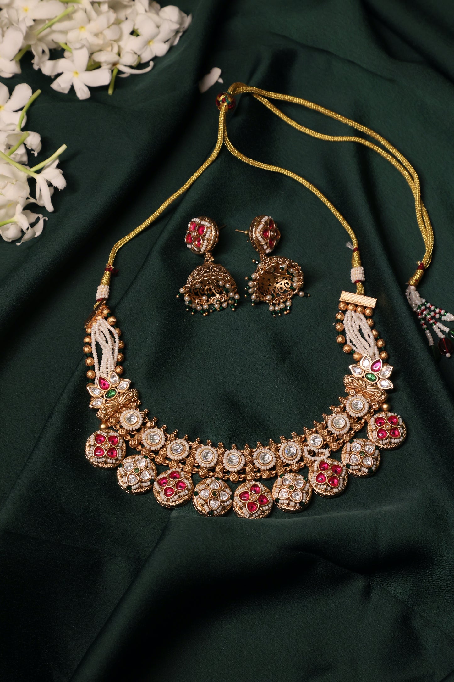 Aarohi -   Red Stone Polki & Gold Necklace with Earrings