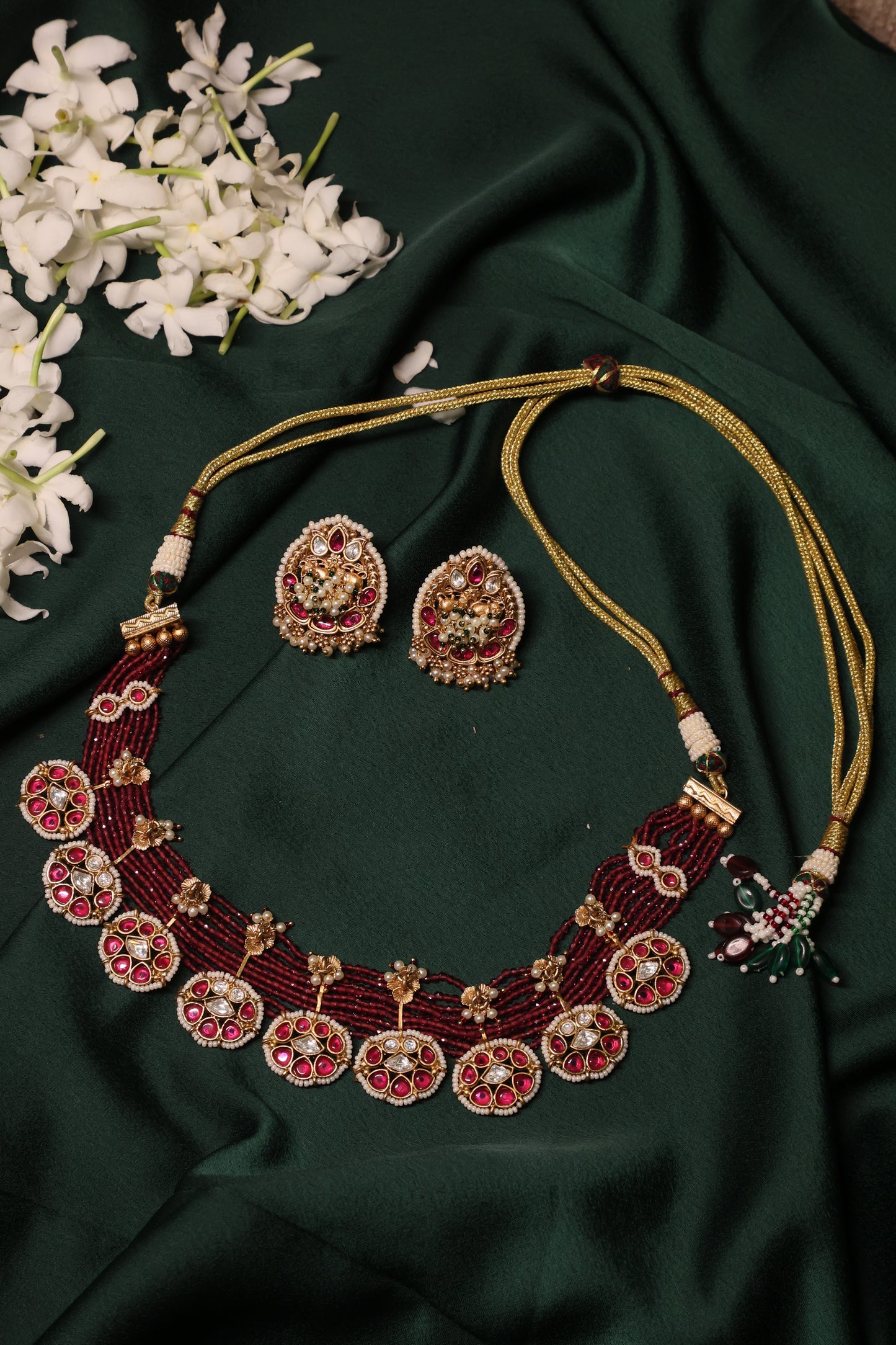 Aarohi - Traditional Red Polki and Gold Necklace with Earrings