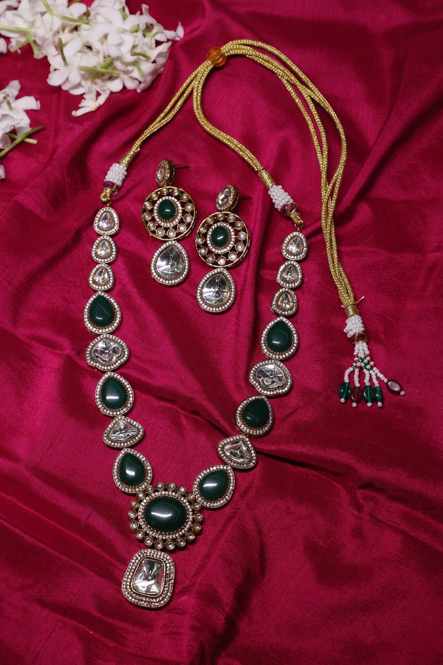 Aarohi - Green Long Polki Necklace with Earrings