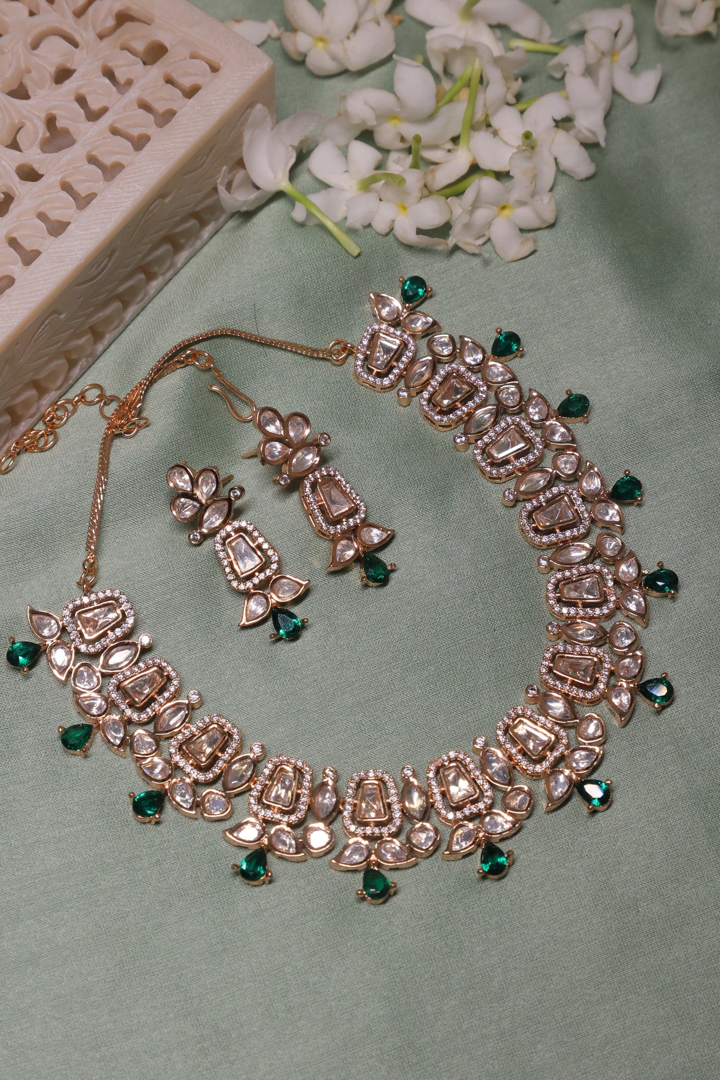 Noor - Polki and Green Stones Necklace Set with Earrings