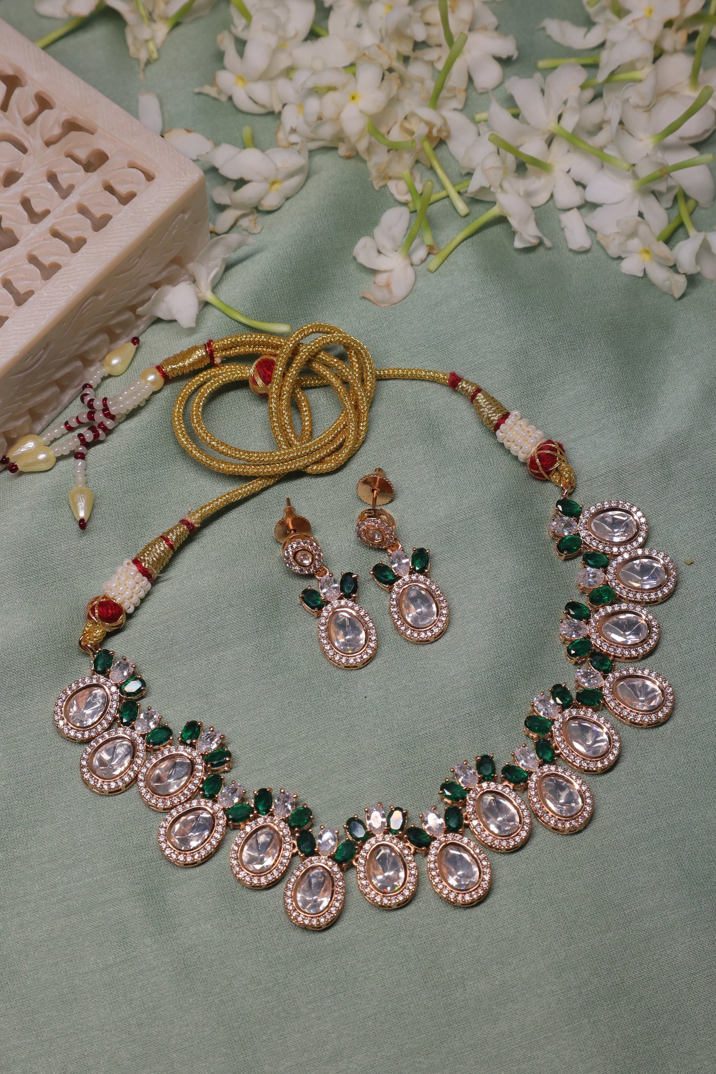 Noor - Polki, Green Stones and Artifical Diamond Necklace with Earrings