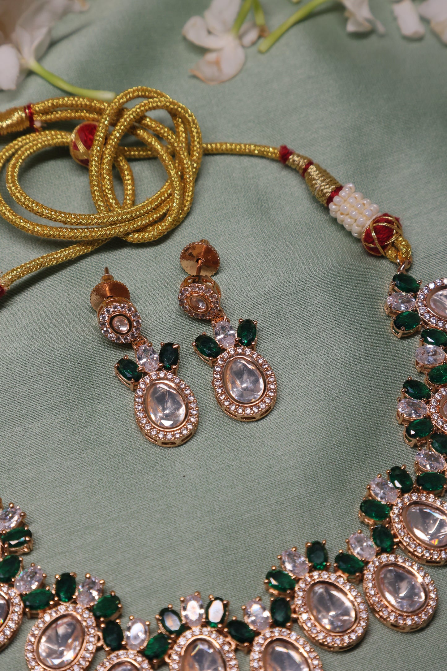 Noor - Polki, Green Stones and Artifical Diamond Necklace with Earrings