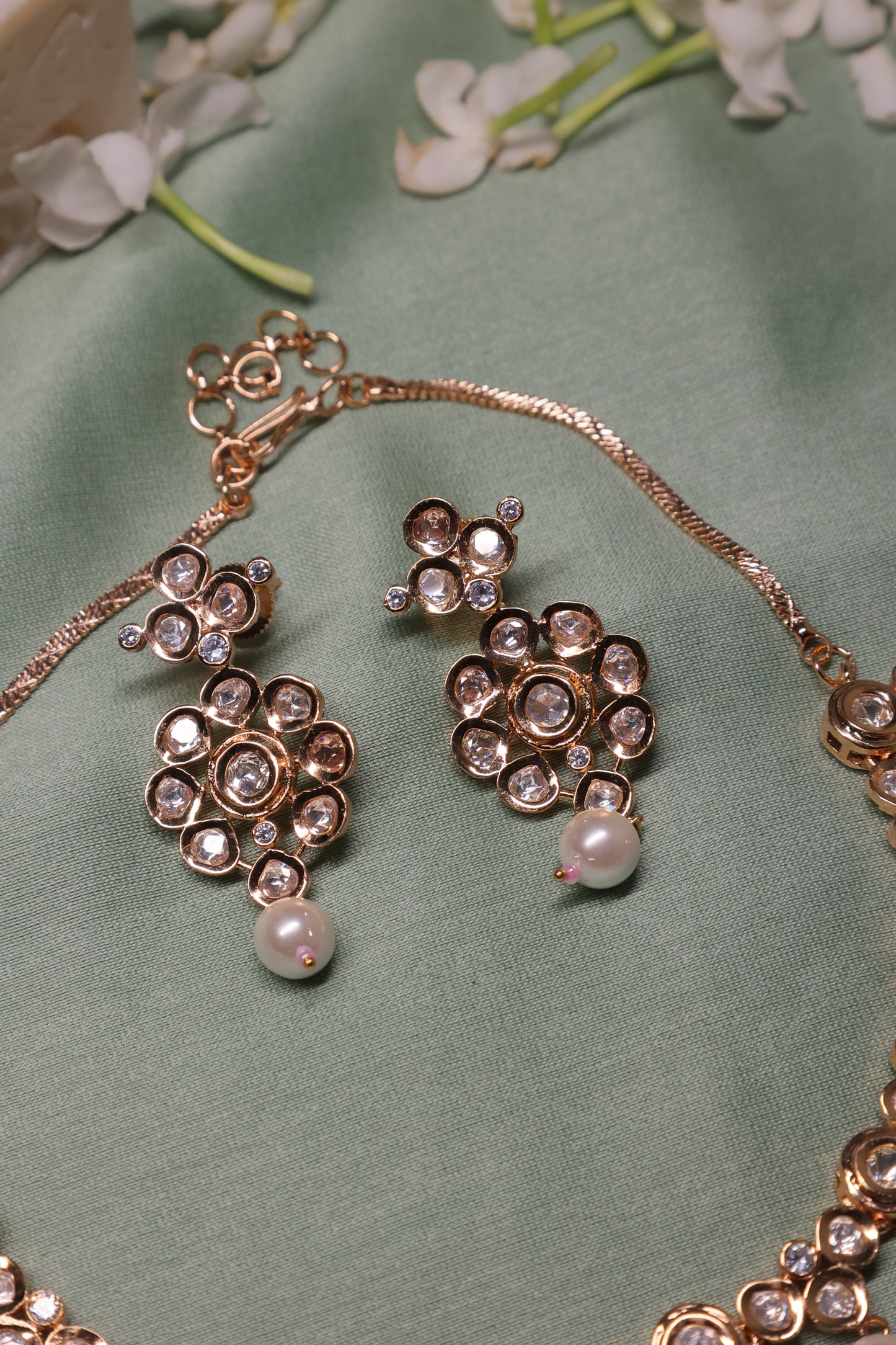 Noor - Pink Quartz and Polki Necklace Set with Earrings