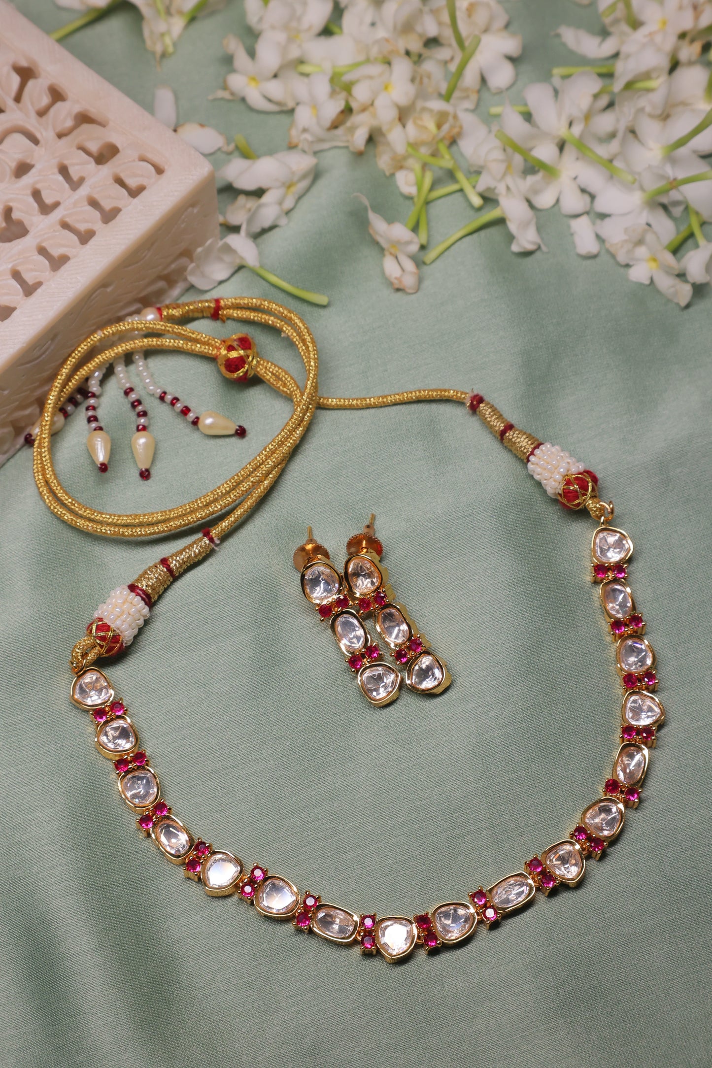 Noor - Polki and Red Stone Necklace with Earrings