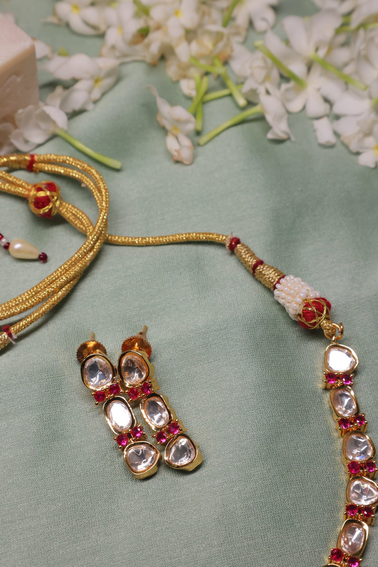 Noor - Polki and Red Stone Necklace with Earrings