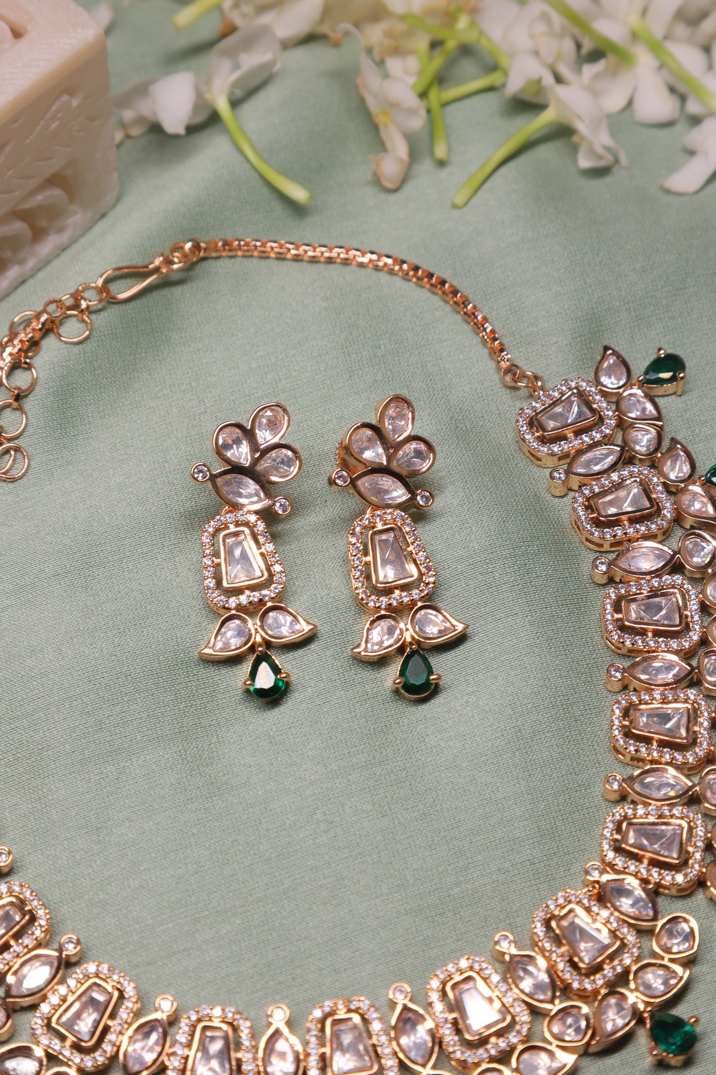 Noor - Polki and Green Stones Necklace Set with Earrings