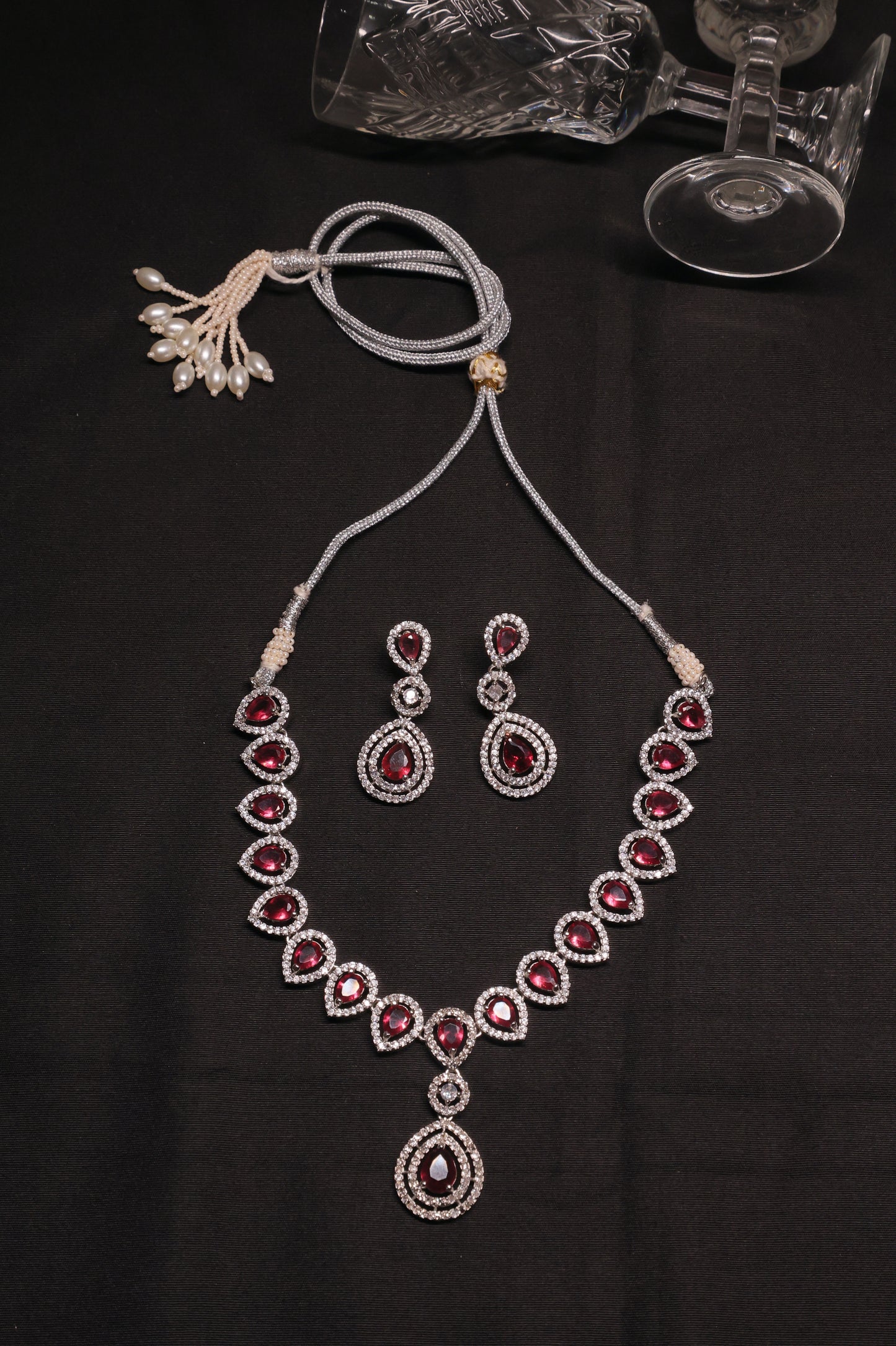 Glam Ruby Red and Diamond Single Line Necklace Set with Earrings