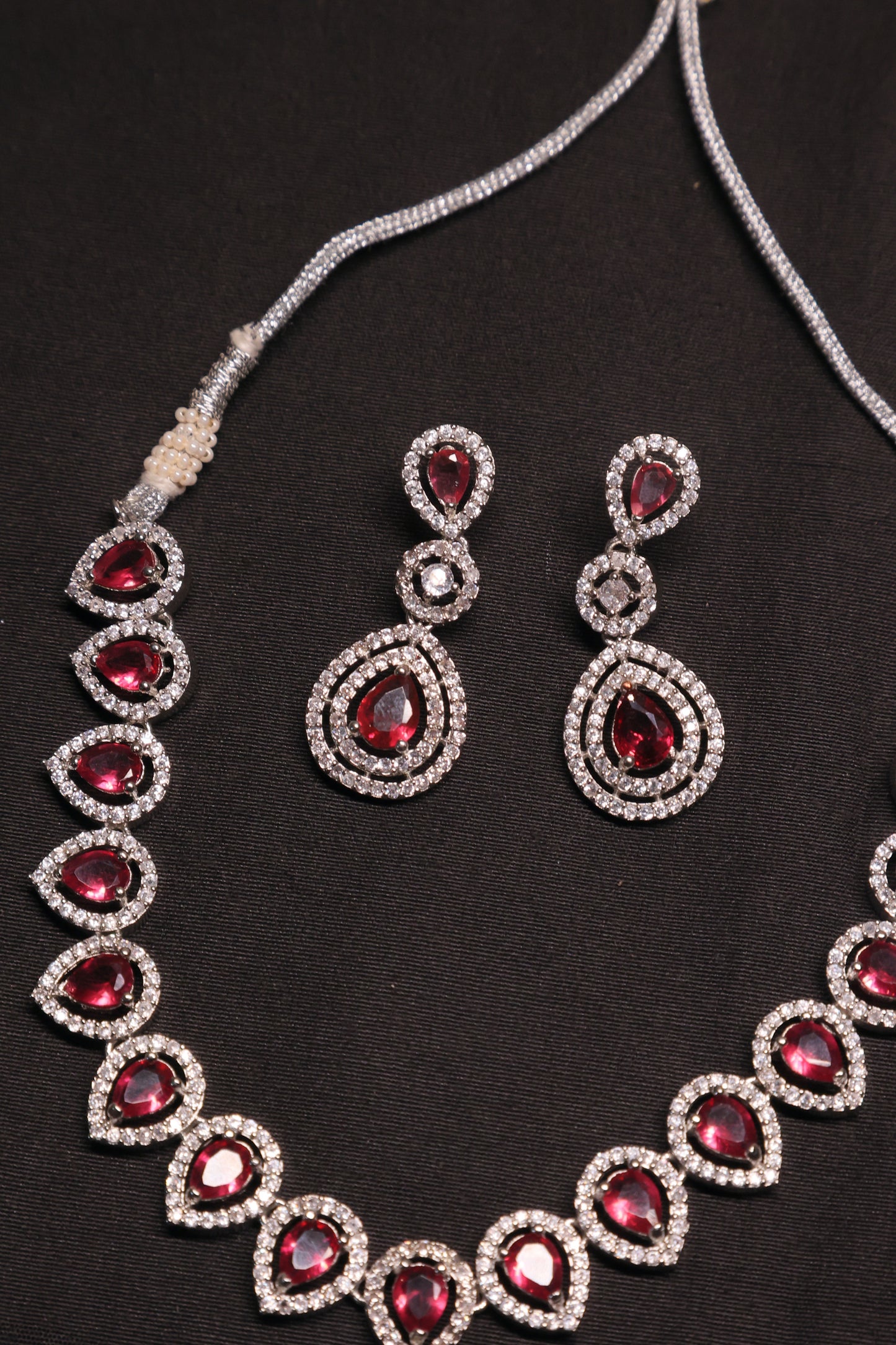 Glam Ruby Red and Diamond Single Line Necklace Set with Earrings