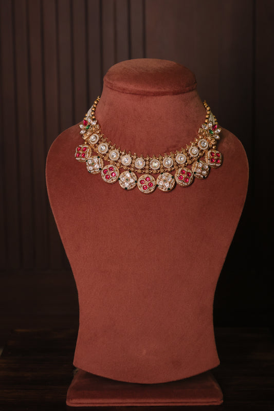 Aarohi -   Red Stone Polki & Gold Necklace with Earrings