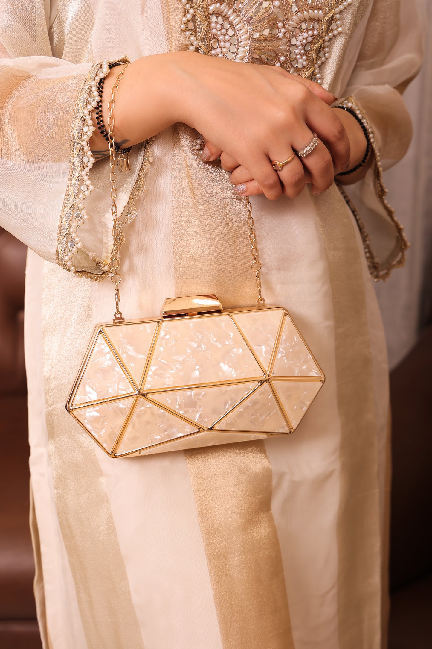 Luxe Lustre Geometric White & Gold Clutch