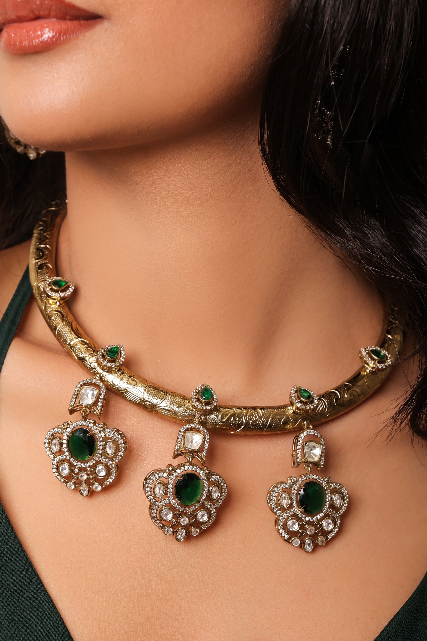 Aarohi - Gold and Green Stone Hasli with Earrings