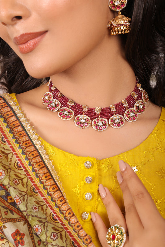 Aarohi - Traditional Red Polki and Gold Necklace with Earrings