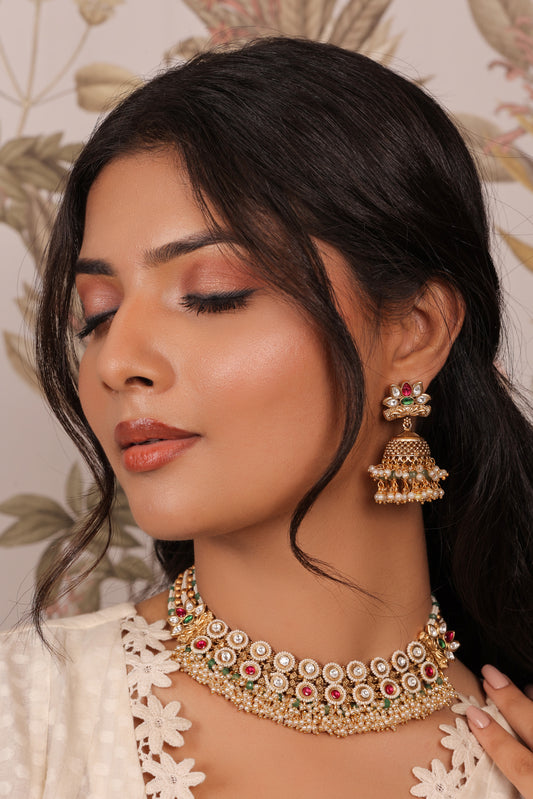 Aarohi - Pearl and Polki Temple Necklace with Earrings