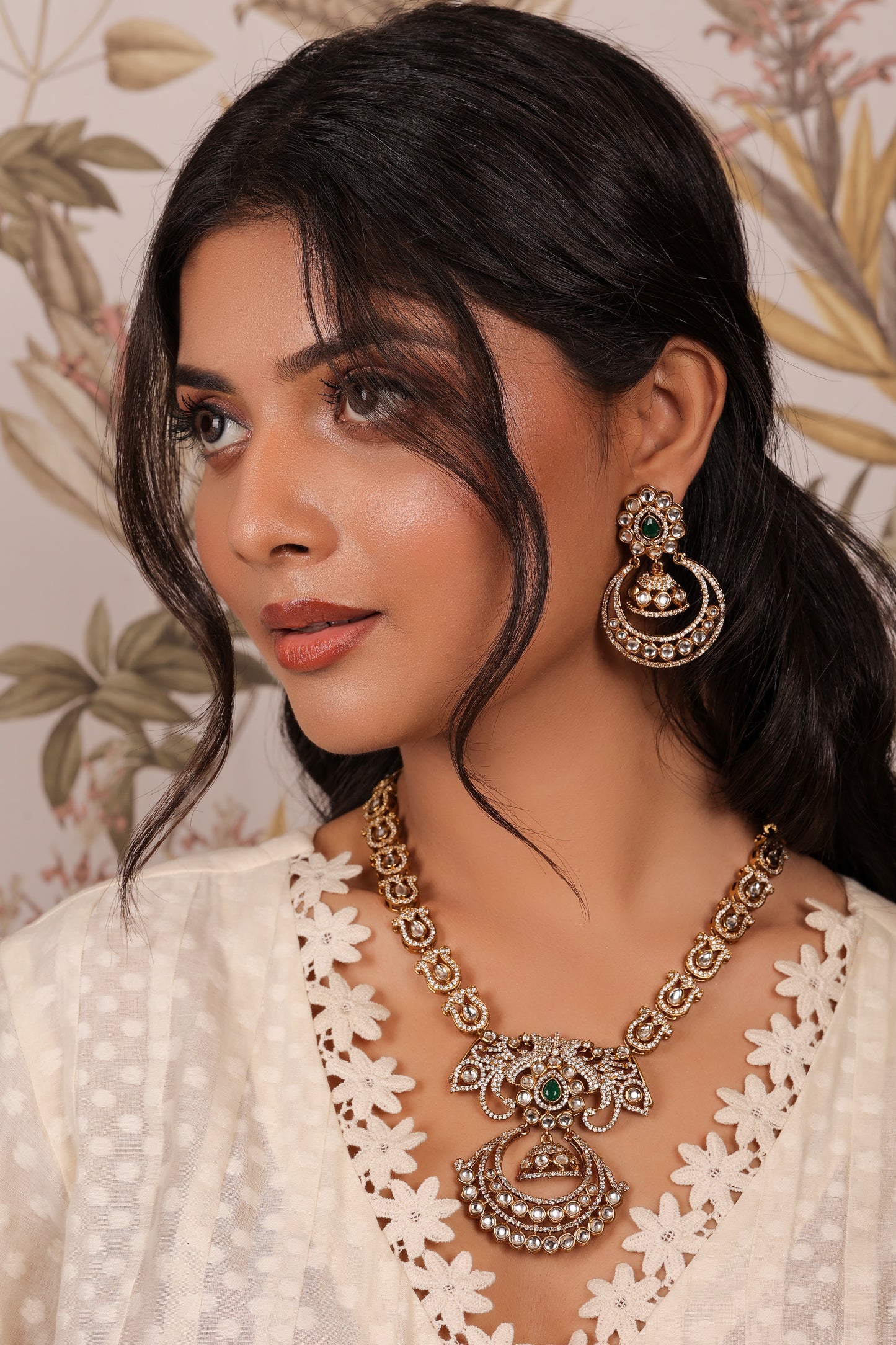 Aarohi - Long Polki Single Line Necklace with Earrings