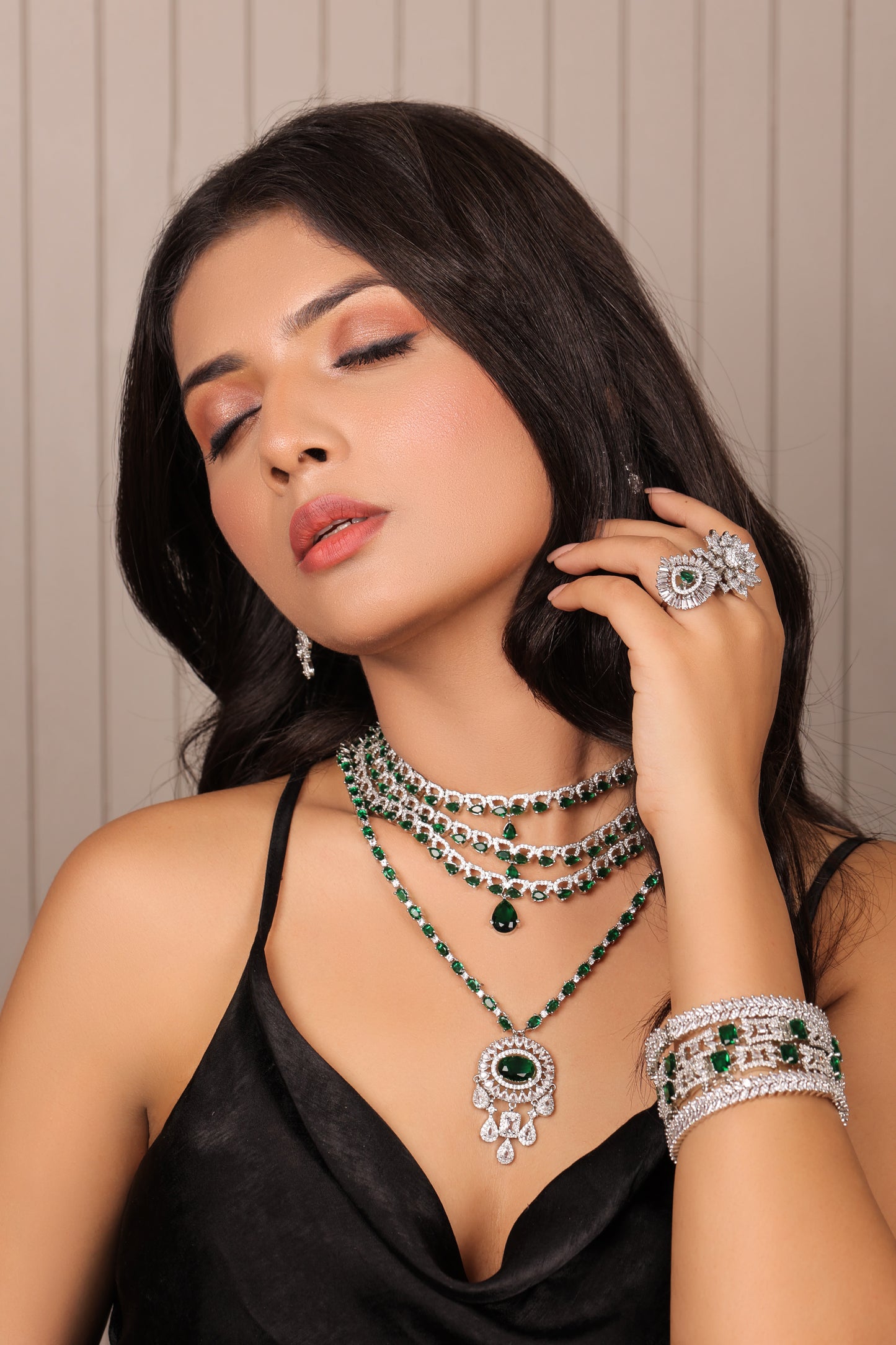 Glam Bridal Emerald Green and Diamond Necklace Set with Earrings