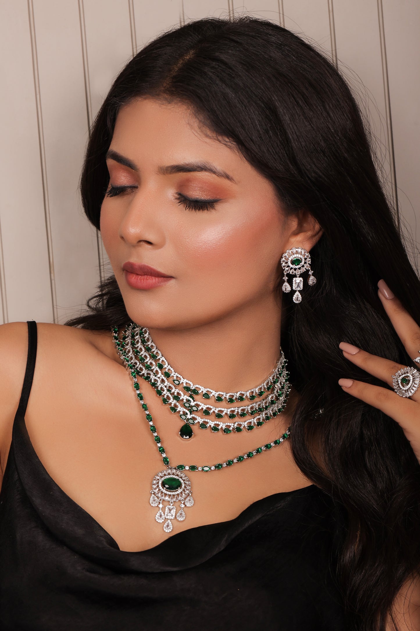 Glam Bridal Emerald Green and Diamond Necklace Set with Earrings