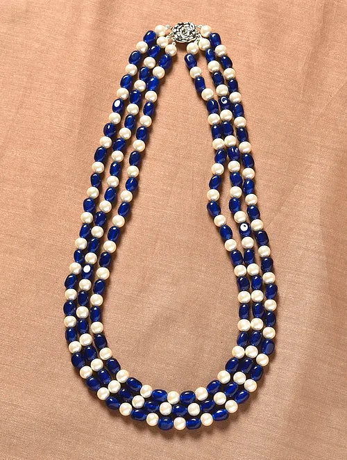 Triple Line Blue Quartz and Pearl Necklace